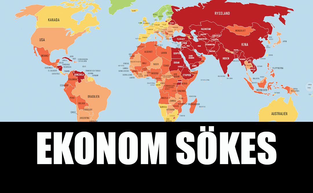 World map color-coded by press freedom status with large Swedish text below reading 'EKONOM SÖKES'