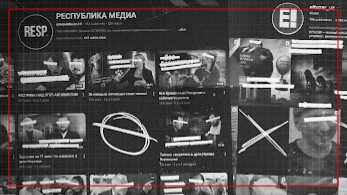 Ett svartvitt montage i form av en grafik som visar två blockerad eller censurerade konton på sociala medier. Till vänster syns en YouTube-kanal med namnet ”RESP. РЕСПУБЛИКА МЕДИА” och till höger en Instagram-profil med namnet ”eltuzar_uz”. Bilden har ett övergripande tema av övervakning eller censur; ansikten på förhandsvisningarna av videor och bilder är överstrukna med vita streck, texter är maskerade och vissa rutor är markerade med stora vita kryss eller en överstruken cirkel. I det nedre vänstra hörnet finns en röd rektangulär logotyp med texten ”NEWS”.