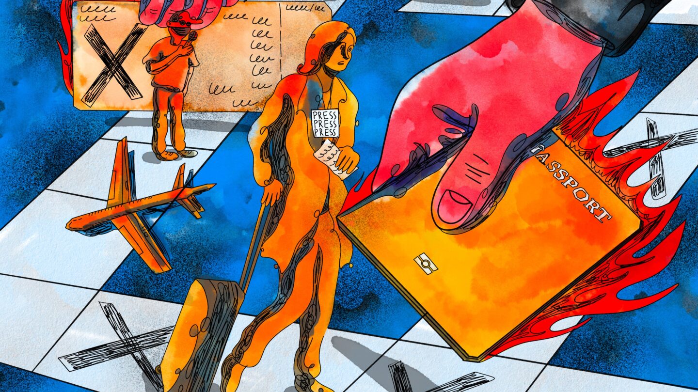 Stiliserad illustration med starka färger (blått, orange, rött och svart) som verkar handla om migration, pressfrihet och de risker som journalister och människor på flykt kan möta