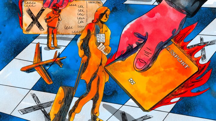 Stiliserad illustration med starka färger (blått, orange, rött och svart) som verkar handla om migration, pressfrihet och de risker som journalister och människor på flykt kan möta