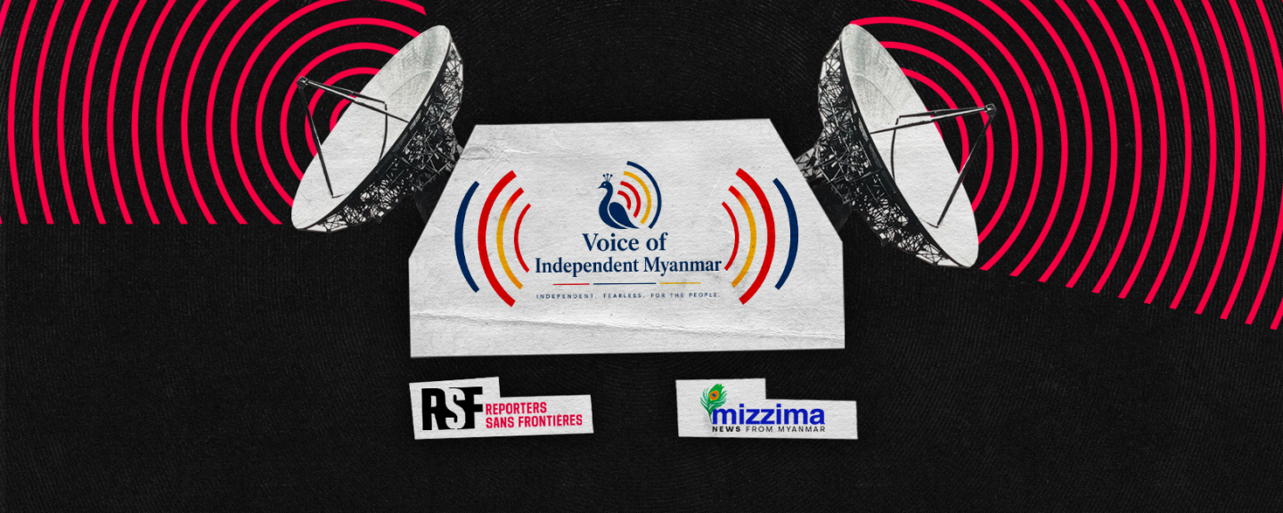 Två parabolantenner sänder radiovågor mot en skylt med logotypen för Voice of Independent Myanmar. Under syns logotyperna för Reportrar utan gränser (RSF) och Mizzima.